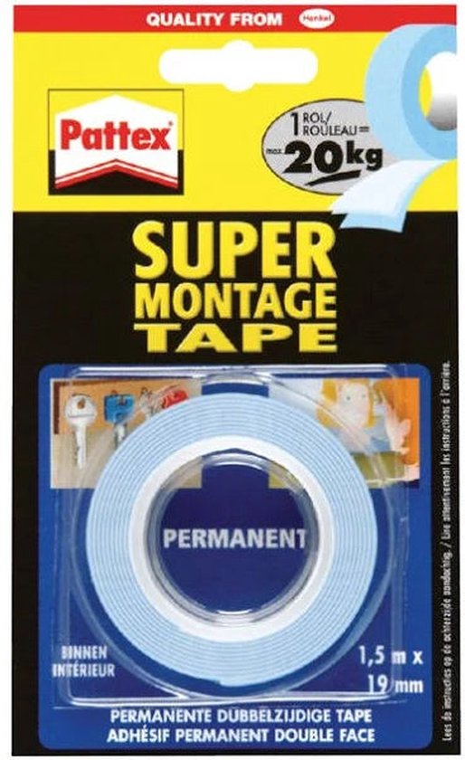 Pattex Montagetape dubbelzijdig 80kg | Voor binnen gebruik| 1.5m Dubbel Montage tape | Dubbelzijdige Plak-tape. - Pattex