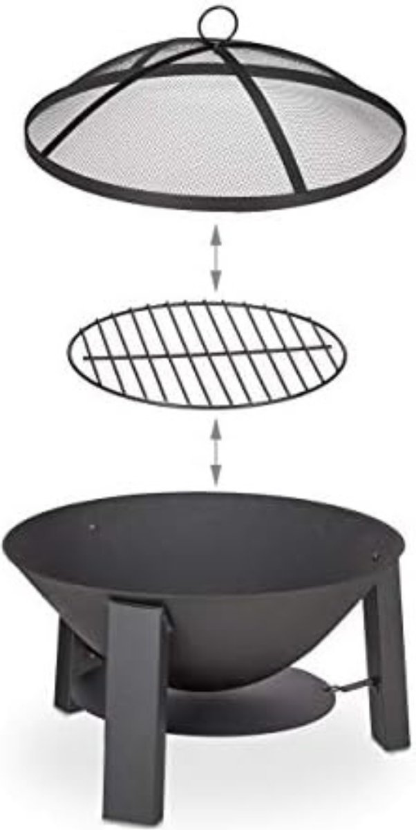 Relaxdays vuurschaal bbq, vonkenscherm & pook, grillrooster, 75 cm, staal, vuurkorf barbecue tuin & terras, zwart