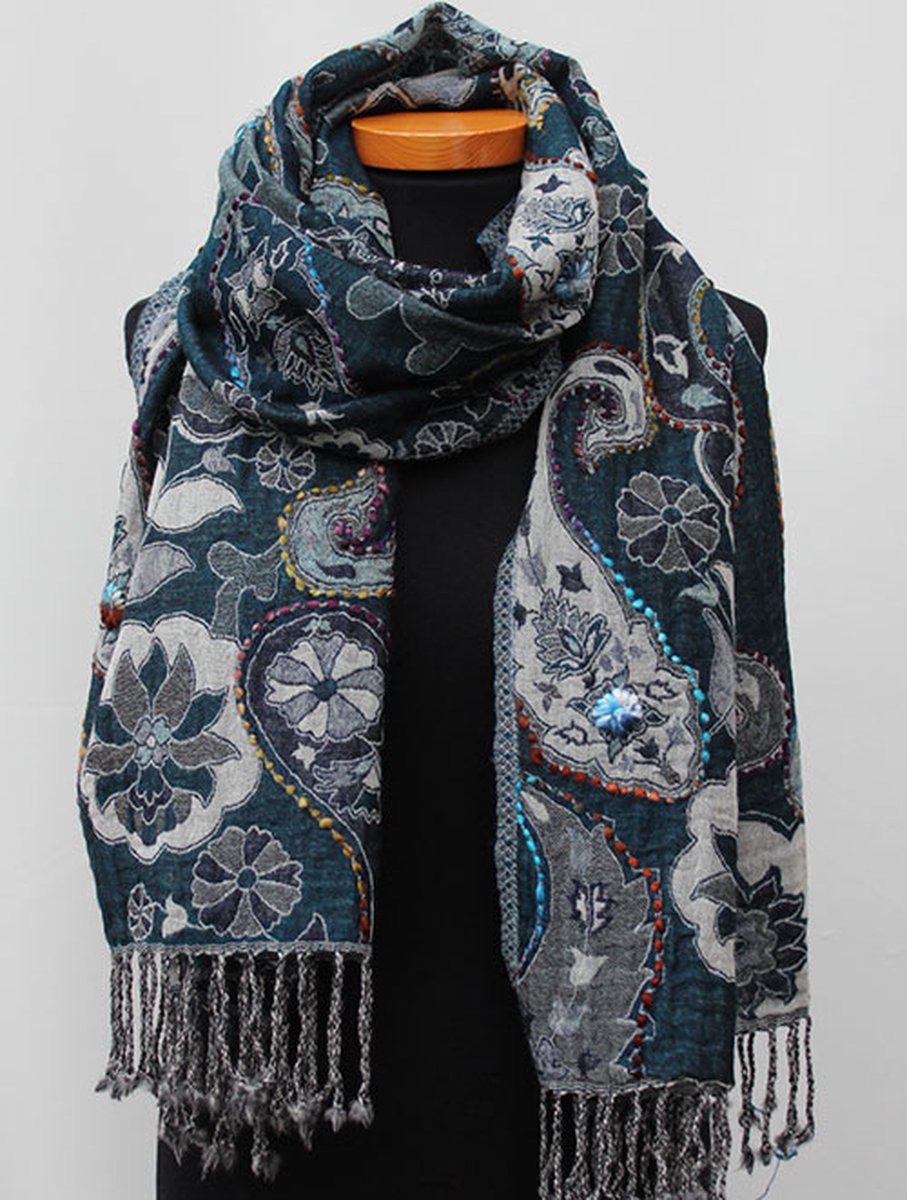 Wollen geborduurde sjaal en omslagdoek Blauw-Petrol 70 x 180 cm
