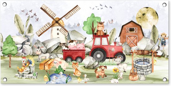 Tuinposter Boerderij - Trekker - Kinderen - Dieren - 80x40 cm - Wanddecoratie Buiten - Tuinposter - Tuindoek - Schuttingposter - Tuinschilderij