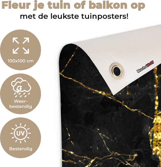 Tuinposter 100x100 cm - Tuindecoratie Marmer - Goud - Zwart - Marmerlook - Luxe - Glitter - Poster voor in de tuin - Buiten decoratie - Schutting tuinschilderij - Tuindoek muurdecoratie - Wanddecoratie balkondoek