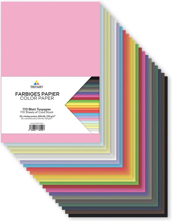 Tritart - Papier coloré A5, 120 g/m², 110 feuilles, papier kraft solide, entièrement peint, stable, karton coloré créatif pour bricoler, carton photo en 22 couleurs, bricolage coloré