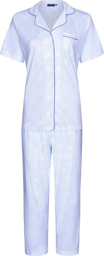 Pastunette Flowerful - Dames Pyjamaset - Blauw / Wit - Organisch Katoen - Maat 40