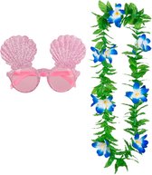 Tropische Hawaii party verkleed accessoires set - schelpen zonnebril - en bloemenkrans groen/blauw - voor volwassenen