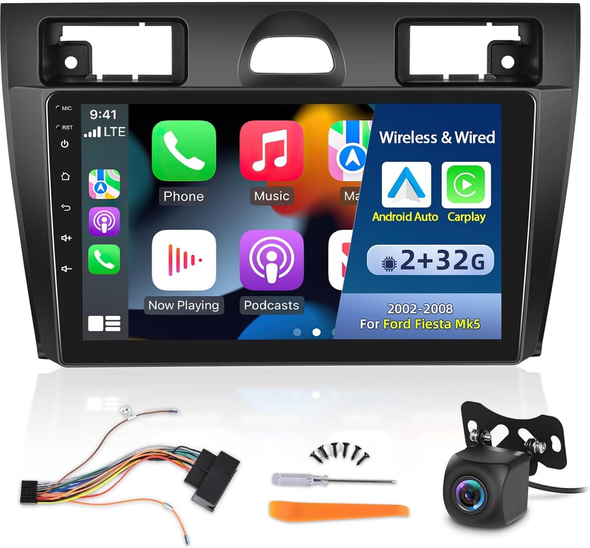 Android Autoradio voor Ford Fiesta Mk5 2002-2008 - Draadloze Apple Carplay, Android Auto, DSP 36EQ - 9 inch Touchscreen + AHD Achteruitrijcamera