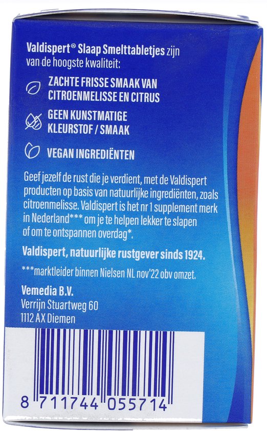Zijkant Valdispert Slaap Smelttabletjes doosje. Zachte frisse smaak, geen kunstmatige kleurstoffen, vegan ingrediënten.
