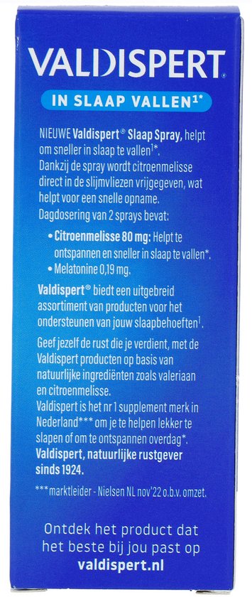 Zijpaneel Valdispert Slaap Spray: blauwe achtergrond, tekst over werking, ingrediënten en Valdispert als nr 1 supplement merk in Nederland.
