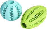 Double Pack Dog Toy Ball and Egg and Egg and Egg verkrijgbaar in diverse kleuren Premium Quality Snack Ball (7 cm) en Rugby Ball (11 cm), voor gezonde tanden en speelplezier, Ball in Blau und Ei in Grün