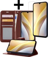 Hoesje Geschikt voor Samsung A15 Hoesje Book Case Hoes Wallet Cover Met Screenprotector - Hoes Geschikt voor Samsung Galaxy A15 Hoesje Bookcase Hoes - Bruin