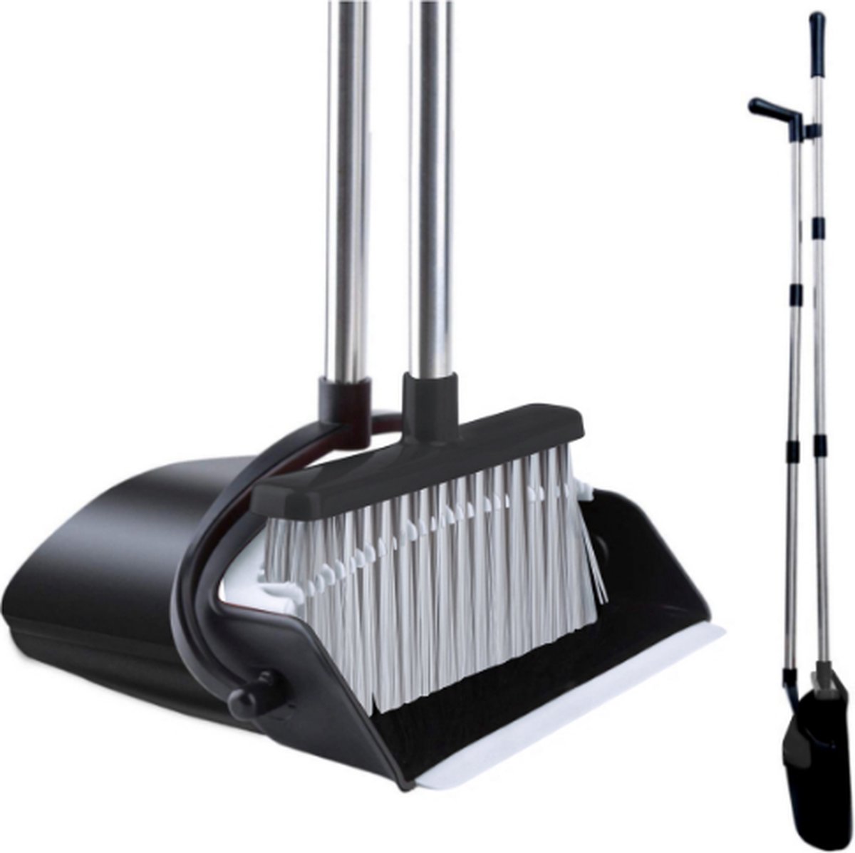 Goedkoopste W&Z® Stoffer en Blik met Lange Steel verstelbaar 84-127cm - Handveger Bezem en Vuilblik op steel - Stofblik en Veger -Zwart Grijs