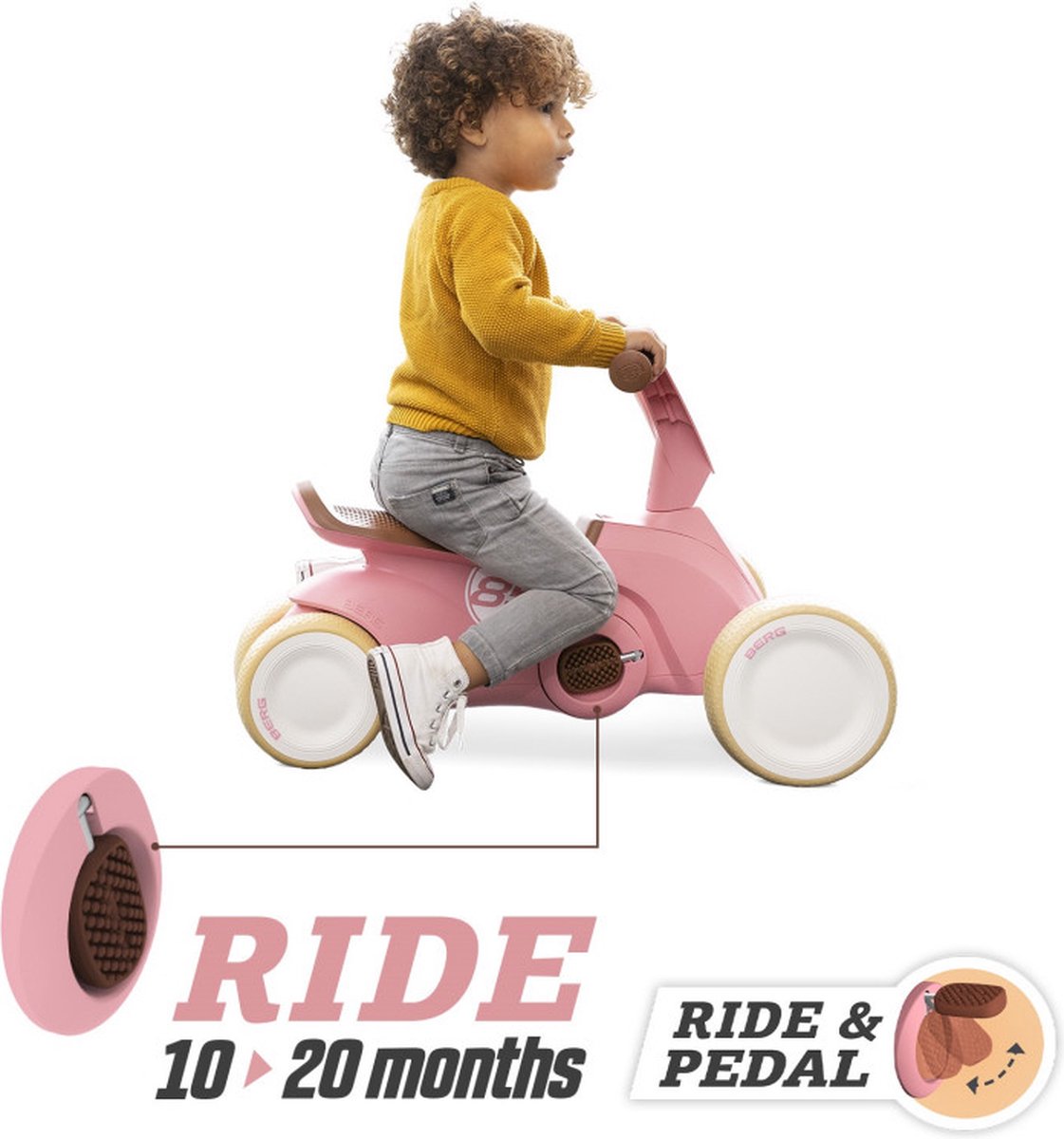 BERG GO2 Retro Loopauto en Trapauto - Speelgoed vanaf 1 jaar - Uitklapbare pedalen - 10 tot 30 maanden - Roze — afbeelding 7