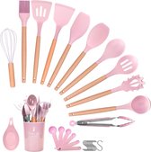 Keukenhulpset, 29-delige siliconen keukengereiset met keukengereihouder, anti-aanbaklaag, hittebestendig houten handvat, kookbestek, lepel, spatel, pannenspatel, set (roze)