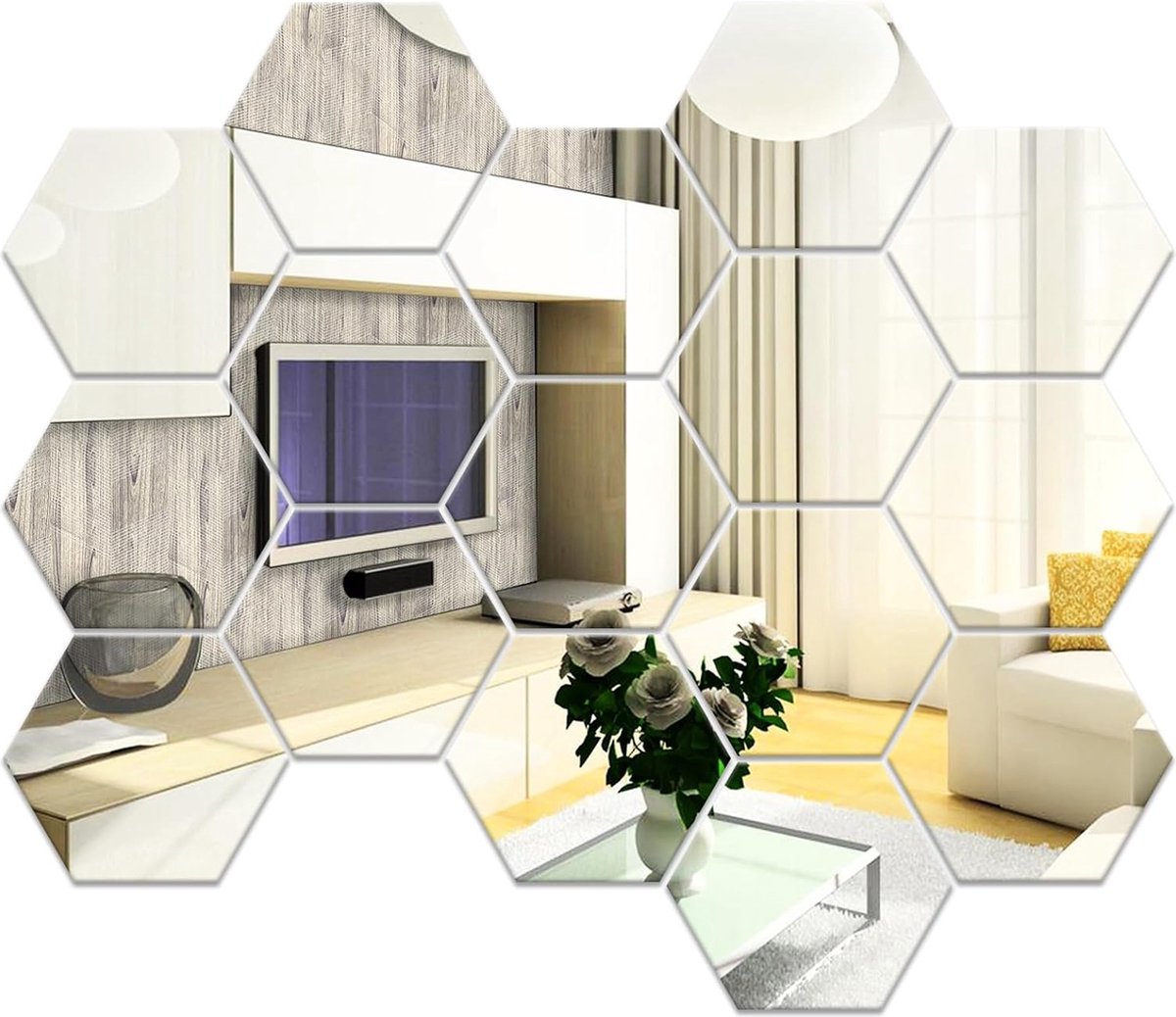 Spiegelstickers, zeshoekig, zilver, muurstickers, van acryl, 177 x 153 x 90 mm, zelfklevend, voor kinderkamer/slaapkamer/woonkamer, wanddecoratie, 16 stuks