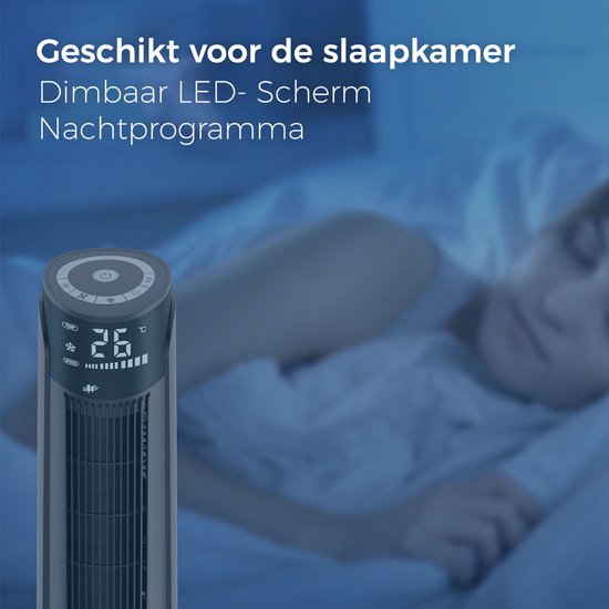 Grijze CoolHome torenventilator met dimbaar LED-scherm in slaapkamer.