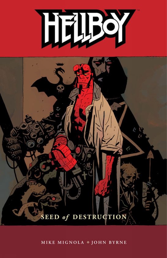 Hellboy 'Seed of Destruction' comicboek omslag met Hellboy in het midden, staand, met rode huid en een lange jas.