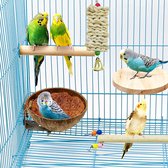 Allazone 9 STKS Vogels Speelgoed Natuurlijk Hout Vogel Baars Stand Vogelbaars Platform, Natuurlijk Kokosnoot Nest, Kauwspeelgoed voor Conures, Liefdesvogels, Kleine Parkieten Valkparkieten, Ara's