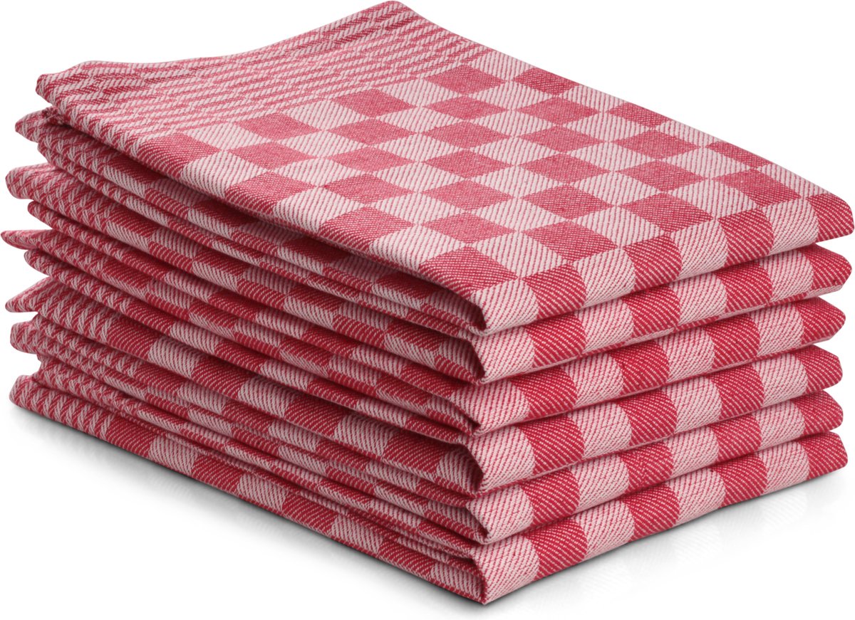 DoubleDry Theedoeken - 6 stuks - 50x70 cm - 100% katoen - blokpatroon - geblokt - horeca ruit - rood