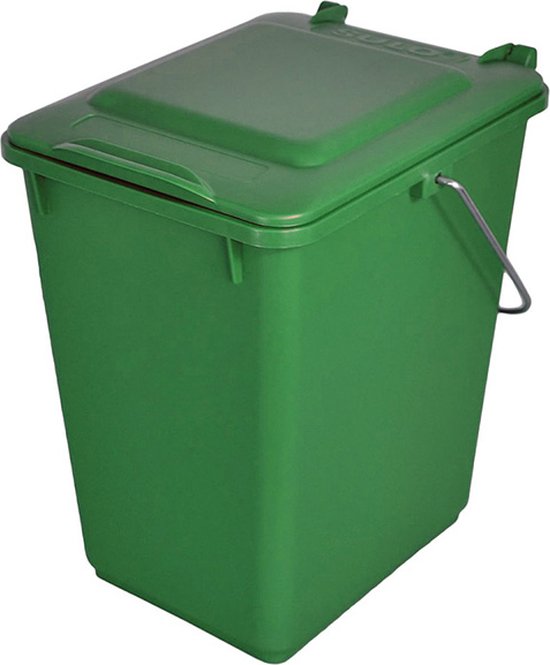 Gesloten groene bio afvalemmer van 10 liter met hengsel, schuin van voren gezien.