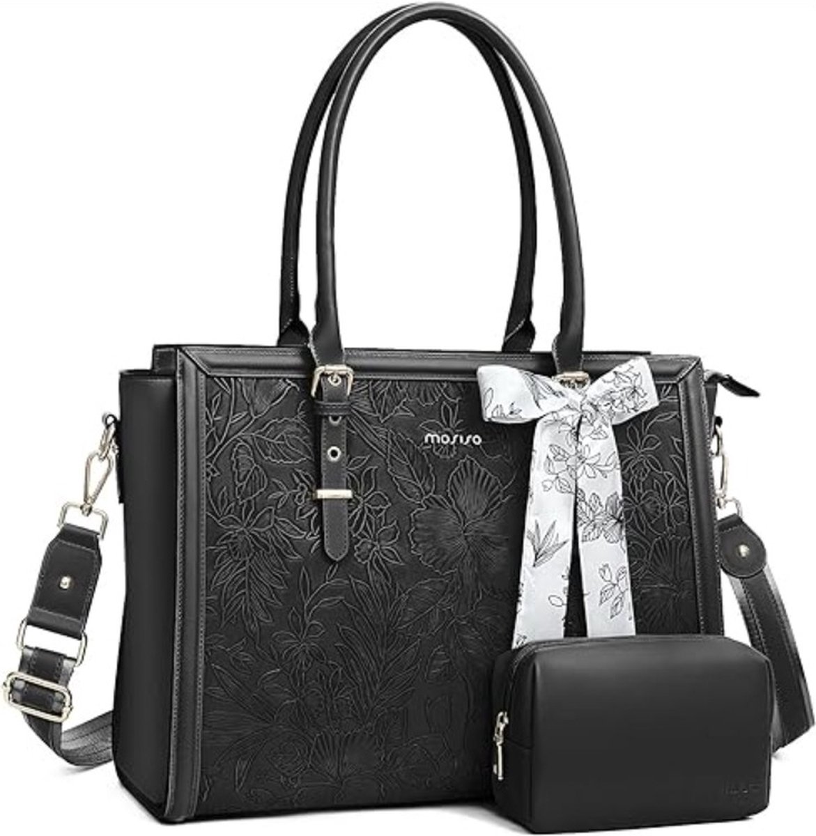 Tas Handtas voor dames, laptoptas luxe damesshopper 15,6 inch PU Leer draagtas met bloem strikje, ideaal voor Macbook, HP, Dell, Asus Notebook, voorkant hibiscus, voor kantoor computertas met zijden sjaal strikje en portemonnee, zwart