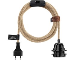 Hoopzi - Stoffen Elektrische Kabel van 4,5M met Lampfitting, Stekker en Schakelaar - Natuur - 1 Fitting Zwart - Creëer Jouw Eigen Hanglamp, Staande Lamp, Hangende Lamp met Bala Koord