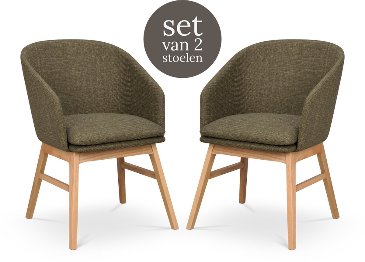 Rowico Home Windham Eetkamerstoel Groen - Naturel Eiken Onderstel - Met Armleuning - Stof - Houten Poten - Set van 2 Eetkamerstoelen