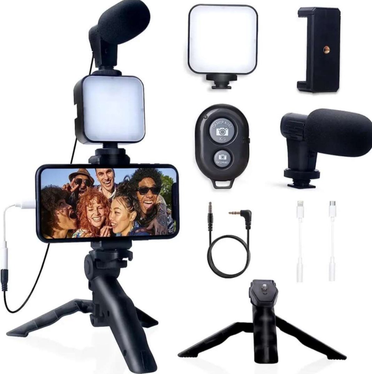 Vlog set voor Android | Telefoon kit voor vloggen | Smartphone houder | LED licht | Microfoon | Foto afstandsbediening | Inclusief passende kabel