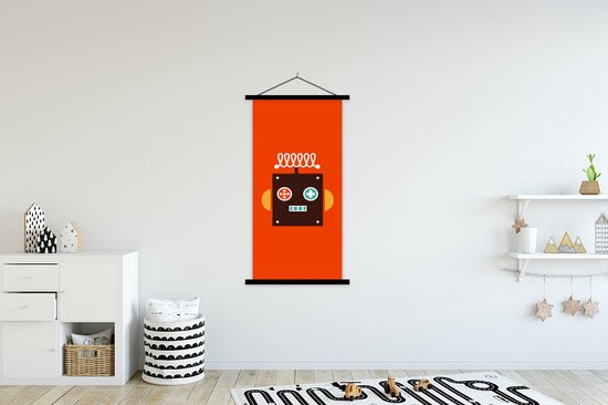 Posterhanger incl. Poster 90x180 cm - Schoolplaat - Robot - Vormen - Gezicht - Oranje - Jongens - Kinderen - Textielposter - Zwarte latten