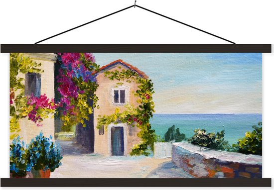 Porte-affiche avec affiche - Affiche scolaire - Peinture - Maison - Peinture à l'huile - Village - 120x60 cm - Lattes noires
