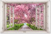 Tuinposter doorkijk sakura - Wit raam - Tuindecoratie roze bloemen - 120x80 cm - Tuinschilderij voor buiten - Tuindoek bloesemboom - Wanddecoratie tuin - Schuttingdoek - Balkon decoratie - Tuinversiering buitenposter - Muurdecoratie