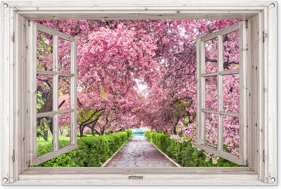 Foto: Tuinposter doorkijk sakura wit raam tuindecoratie roze bloemen 120x80 cm tuinschilderij voor buiten tuindoek bloesemboom wanddecoratie tuin schuttingdoek balkon decoratie tuinversiering buitenposter muurdecoratie