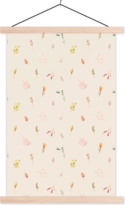 Posterhanger incl. Poster 60x90 cm - Schoolplaat - Bloemen - Pastel - Patronen - Textielposter - Blanke latten