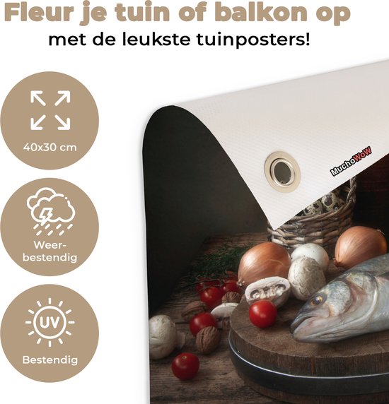 Décoration de Jardin Rustique - Poisson - Nature morte - Légumes - Herbes - 40x30 cm - Toile de jardin - Affiche extérieure