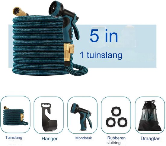 Uittrekbare tuinslang, 30 m, uittrekbaar, spuitpistool met 8 functies, pistool, slang met 3/4 inch en 1/2 inch, accessoires van zinklegering, voor het bewateren van tuinbouwplanten, zwart