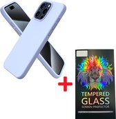 Solid hoesje Soft Touch Liquid Silicone + 1X Screenprotector Tempered Glass - Geschikt voor: iPhone 14 Pro Max - Lichtblauw