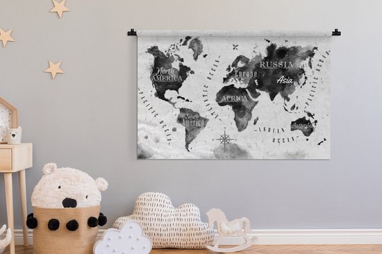 Tapisserie - Wereldkaart - Aquarelle - Zwart - Wit - 120x80 cm - Tapisserie