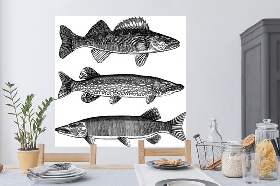 Sticker Muursticker Illustration Pêche - trois poissons - 120x120 cm - film adhésif autocollant - sticker mural repositionnable XXL /