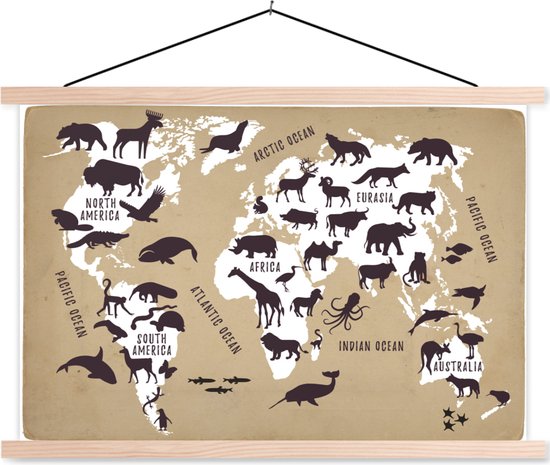 Affiche scolaire - Wereldkaart - Sépia - Animaux - 150x100 cm - Lattes vierges