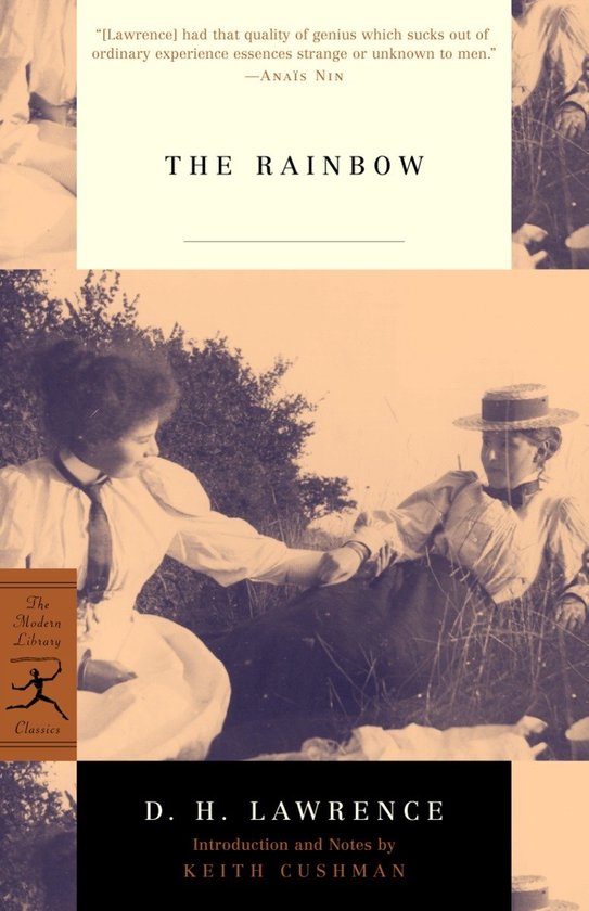 De omslag van 'The Rainbow' toont twee vrouwen in historische kleding die elkaars hand vasthouden in een grasrijk landschap. De tekst vermeldt 'THE RAINBOW' en 'D. H. LAWRENCE'.