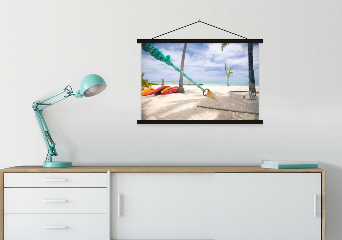 Posterhanger incl. Poster 90x60 cm - Schoolplaat - Strand - Boot - Hangmat - Textielposter - Zwarte latten