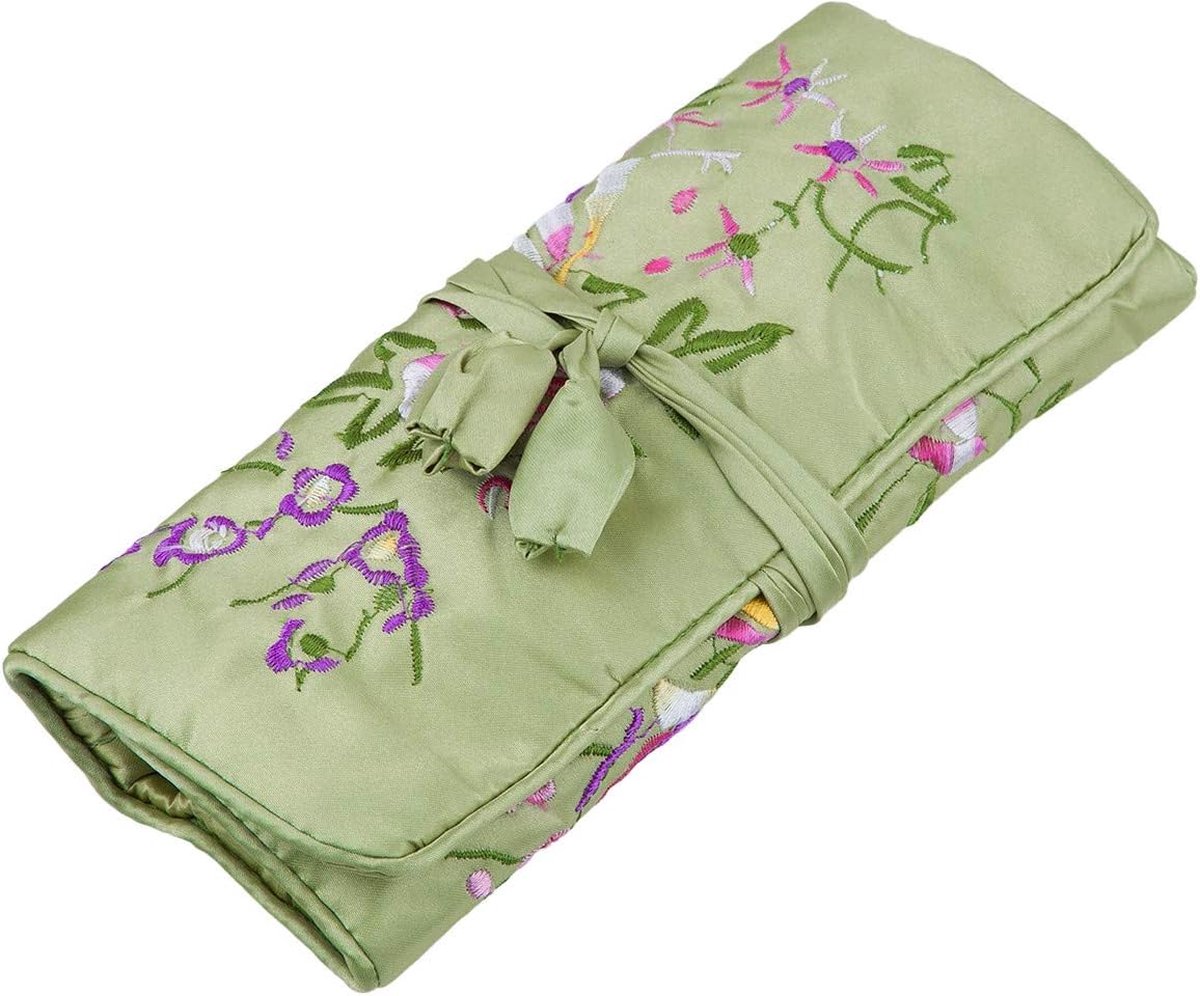 Borduurreissieradenrol met bloemen en vogelborduurwerk, Chinese sieradenorganizer, draagbare roltas, sieradentas voor kettingen, ring, armbandopslag, groen