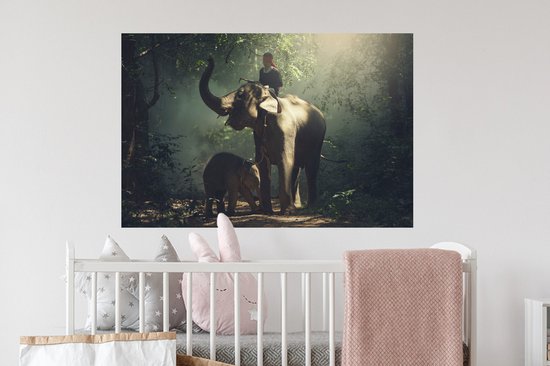 Stickers muraux - Film autocollant - Éléphant - Forêt - Arbres - Animaux - Dresseur - 90x60 cm - Film adhésif - Stickers muraux Chambre d'enfant - Papier peint autocollant