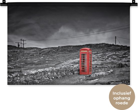 Wandkleed Rood zwart wit - Zwart-wit foto van een Britse telefooncel Wandkleed katoen 60x40 cm - Wandtapijt met foto