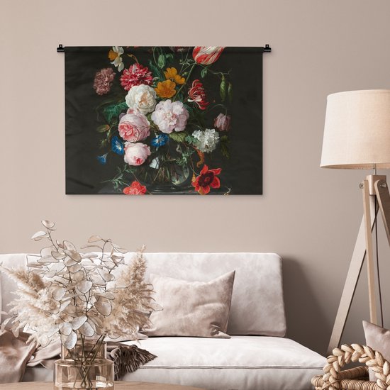 Wandkleed - Wanddoek - Stilleven met bloemen in een glazen vaas - Schilderij van Jan Davidsz. de Heem - 90x67.5 cm - Wandtapijt