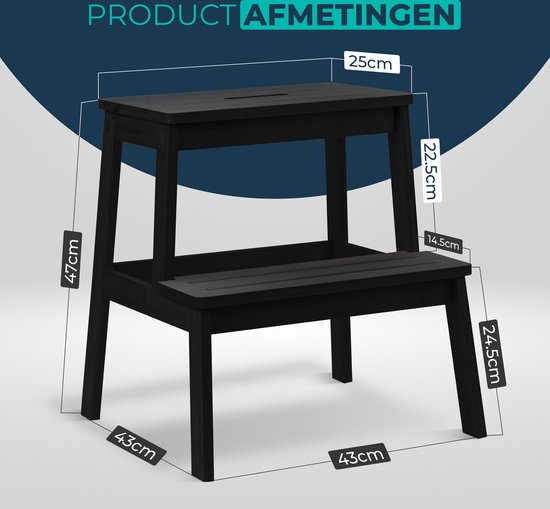 Afmetingen van een zwart bamboe opstapje met twee treden.