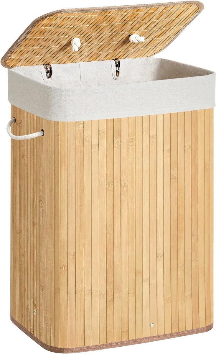 Goedkoopste Bamboe wasmand opvouwbare wasbak met deksel en uitneembare katoenen waszak 72 L wasbox waskist 40 x 30 x 60 cm beige