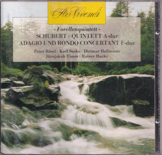 Cd-hoes met afbeelding van een waterval in een bosrijk gebied. Tekst "Als Vivendi", "Forellenquintett", "Schubert", "Adagio und Rondo concertant"