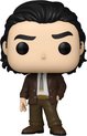 Loki Funko Pop #1312 met zwarte haren, bruine jas, wit overhemd, bruine broek en das. Met de hand in de zak.