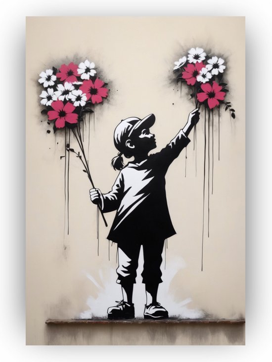 Banksy Meisje met bloemen - Street art schilderijen - Schilderij op canvas Banksy - Moderne schilderijen - Canvas schilderijen - Kunstwerken schilderij - 40 x 60 cm 18mm