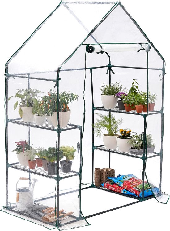 LARMNEE EGN04GH02 Kleine foliekas voor balkon, tomatenkas, stabiel, 4 planken, broeikas, 69 x 49 x 158 cm, terras, kweekhuis, PE roosterfolie, ruimtebesparend, tuin, groen