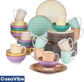 CasaVibe Luxe Serviesset – 48 delig – 12 persoons – Porselein - Bordenset – Dinner platen – Dessertborden - Kommen - Mokken - Set - Verschillende kleuren - Tulp
